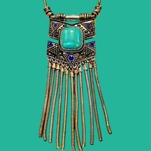 FAUX TURQUOISE FAUX LAPIS EGYPTIAN REVIVAL LONG FRINGE SNAKE CHAIN LONG NECKLACE